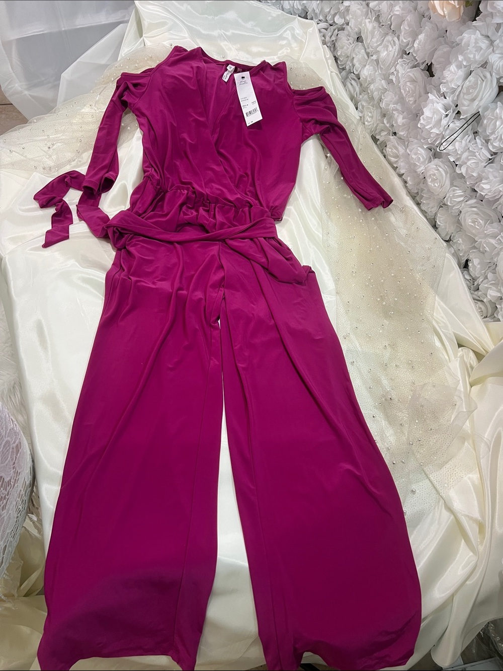 NY Collection Fuchsia Cold-Shoulder Wide-Leg Jumpsuit